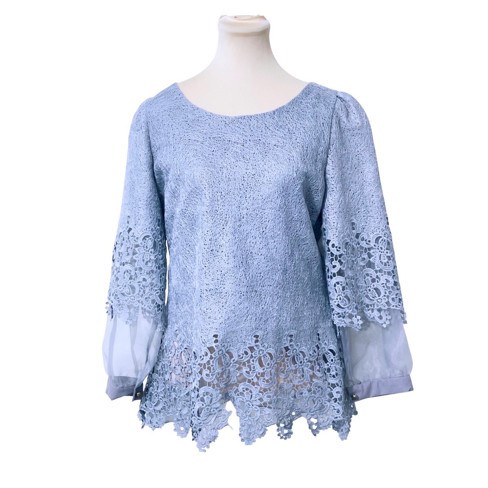 Women‎ Lace Sheer Sleeve Blouse Gray L Crochet Hem Romantic Dressy Ethereal